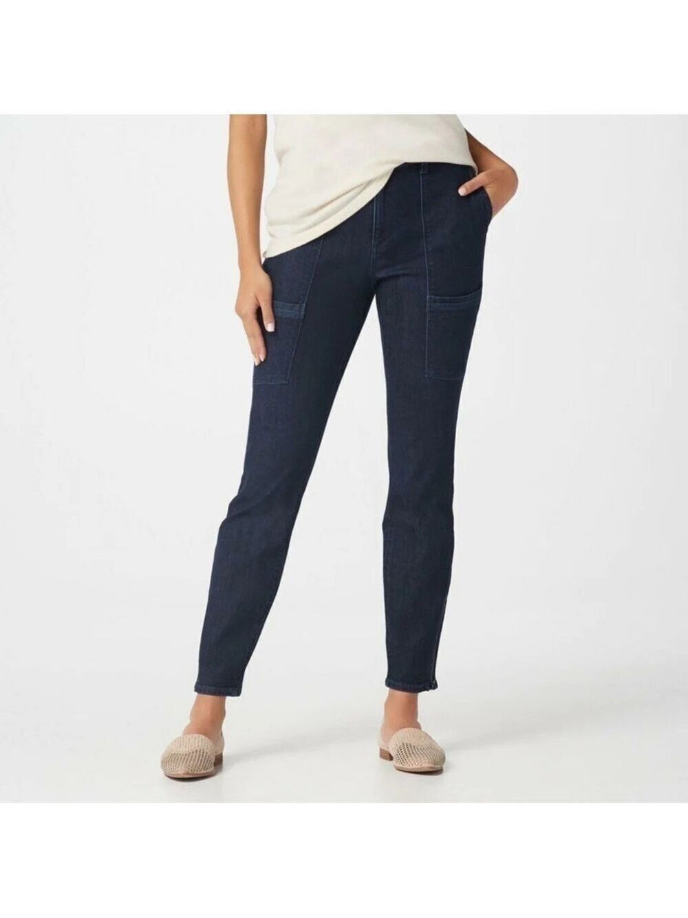 Susan Graver Petite High Stretch Denim Slim Zip-Front Ankle Jeans